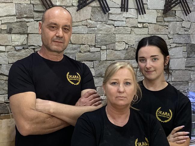 SKARA Greek Street Food owner Con Birbas and staff Mel Chadwick and Dayle Russell following the announcement of SA's six-day lockdown.