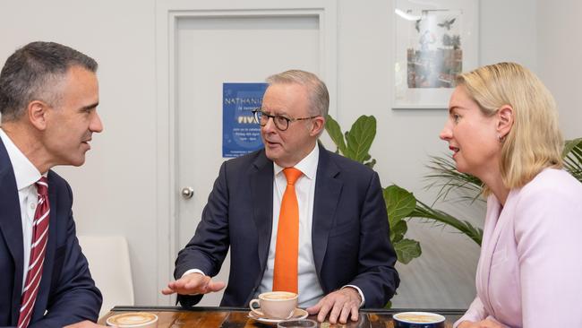 Prime Minister Anthony Albanese campaigning in Sturt with Premier Peter Malinauskas and Labor Sturt candidate Claire Clutterham. Picture: NewsWire/ Jason Edwards