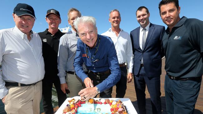 On deck to launch the looming 30th Sanctuary Cove International Boat Show are (from left) Maritimo founder Bill Barry-Cotter, The Boat Works marina and shipyard CEO Tony Longhurst, Sanctuary Cove International Boat Show general manager Johan Hassar, show stalwart Barry Jenkins, Riviera owner Rodney Longhurst, Bentley’s Clinton Wright, Leigh-Smith Yachts’ Ryan Leigh Smith, pictured at Sanctuary Cove Marina ahead of its 30th anniversary international boat show later this month.