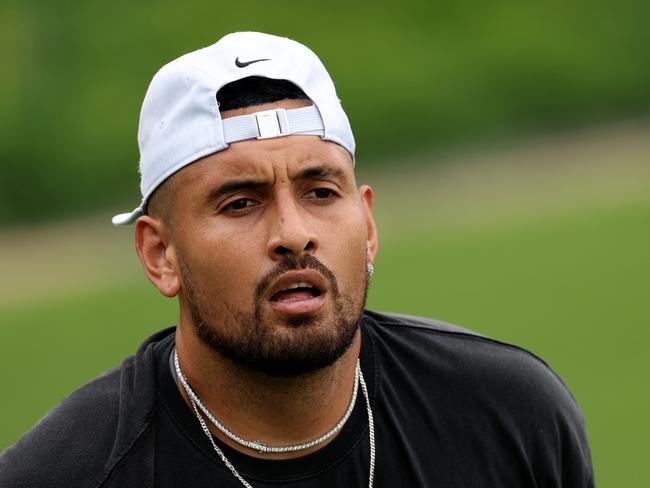 File Photo: Australian Tennis Player Nick Kyrgios Withdraws From Wimbledon With Wrist Injury - LONDON, ENGLAND - JUNE 28: Nick Kyrgios of Australia looks on during a practice session ahead of The Championships - Wimbledon 2023 at All England Lawn Tennis and Croquet Club on June 28, 2023 in London, England. (Photo by Clive Brunskill/Getty Images)