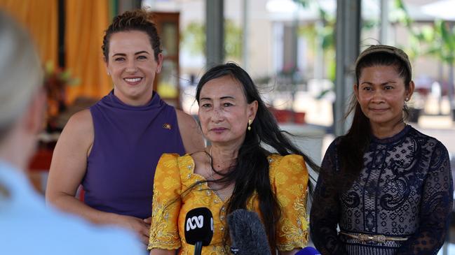 Lia Finocchiaro (left) with Thyra Ou (centre) and NT Cambodian Association president Kim-Soum Puon (right). Picture: Supplied.