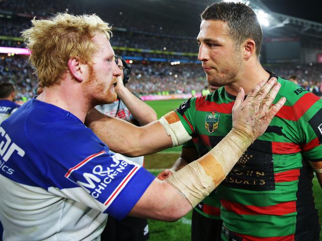 James Graham and Sam Burgess after the final siren in the 2014 NRL Grand Final. Picture Gregg Porteous