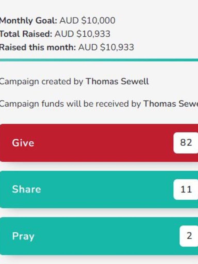 The donations tracker on Mr Sewell’s fundraiser. Picture: GiveSendGo.