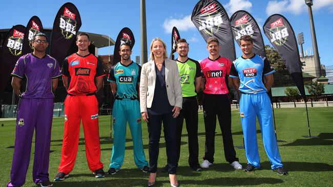 Clive Rose of the Hobart Hurricanes, Chris Tremain of the Melbourne Renegades, Josh Lalor of the Brisbane Heat, New Head of Big Bash League Kim McConnie, Ryan Gibson of the Sydney Thunder, Daniel Hughes of the Sydney Sixers, Alex Carey of the Adelaide Strikers. Picture. Phil Hillyard