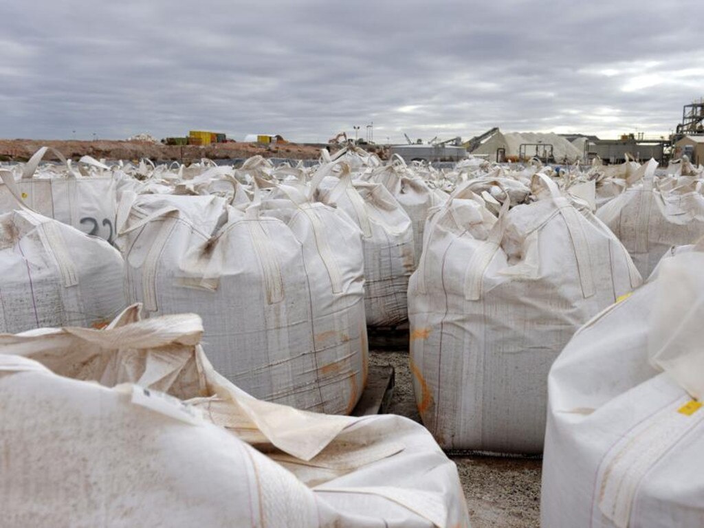 Bags of lithium concentrate sit ready for transportation at a mine in Western Australia. Picture: Bloomberg