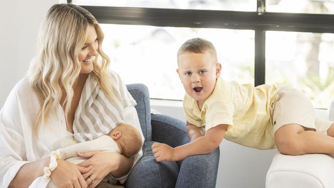 Diamonds netball star Gretel Bueta with new baby Toby, husband Niko and son Bobby, 2, is the new face of the DrinkWise campaign.