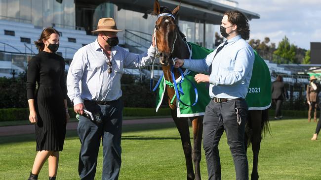 Peter Moody with Incentivise after winning the Turnbull Stakes. Picture: Brett Holburt – Racing Photos via Getty Images