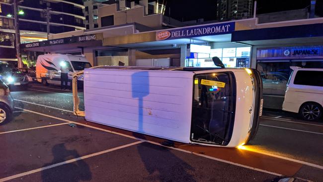 Scene at Nind St in Southport after a suspected stolen vehicle crashed. Picture: Keith Woods