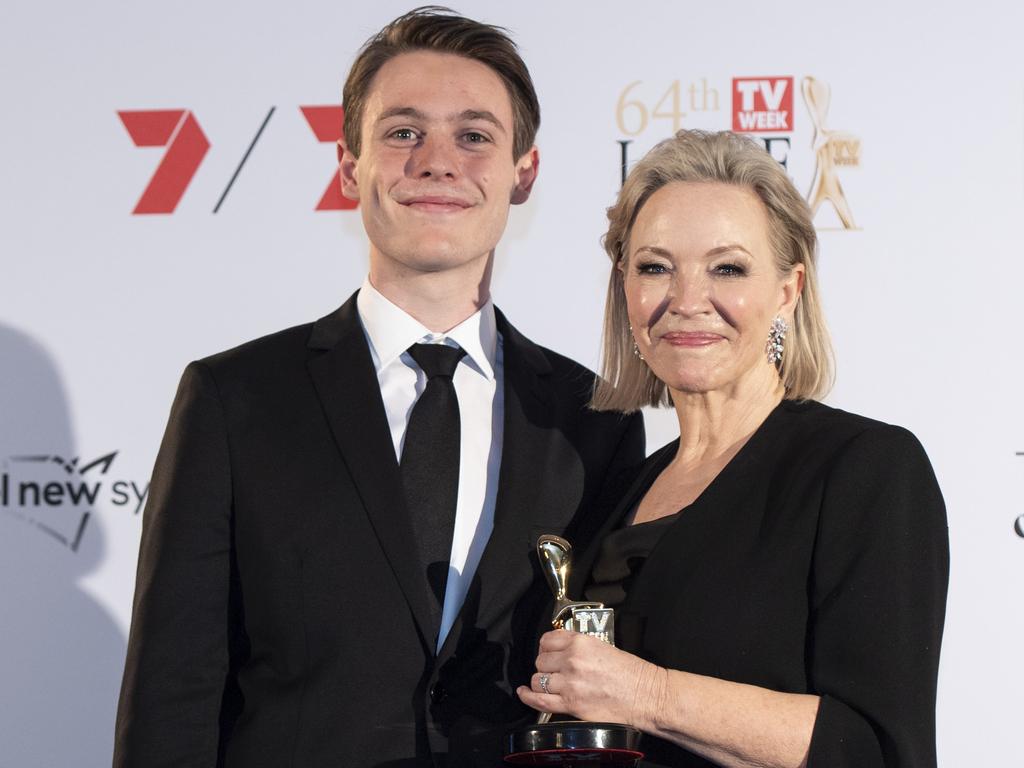 Rebecca Gibney, right, and her son Zachary backstage after receiving her Logies honour. Picture: NewsWire/ Monique Harmer