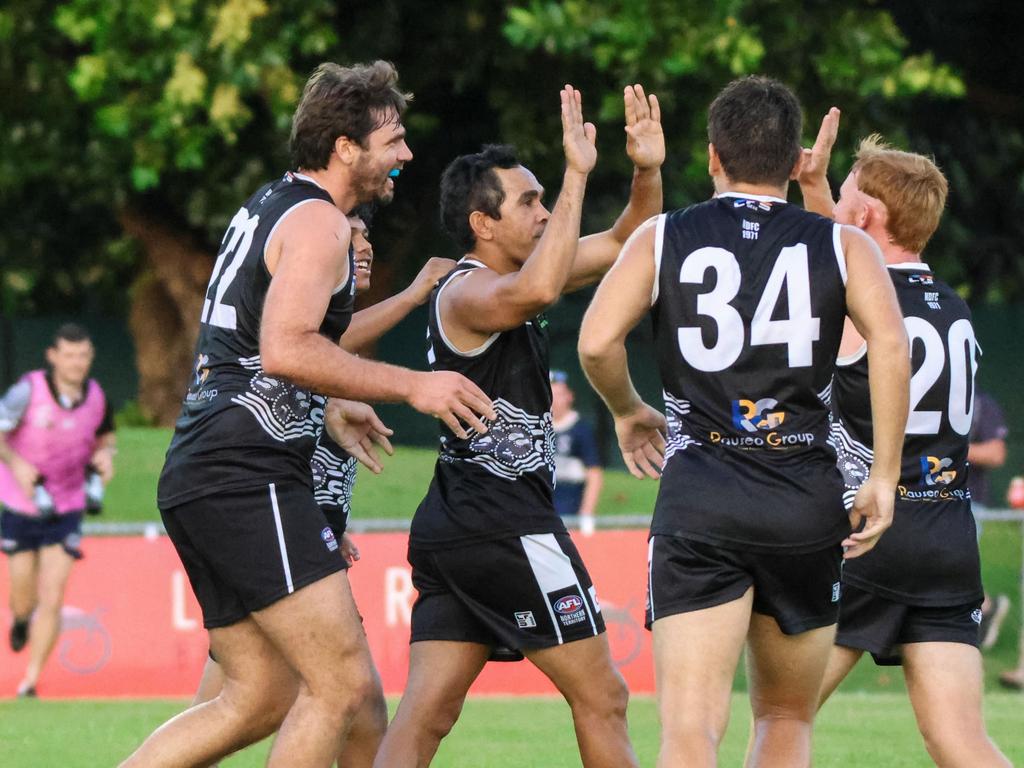 Eddie Betts celebrates one of his four goals against Waratah in Round 4. Picture: Celina Whan / AFLNT Media.