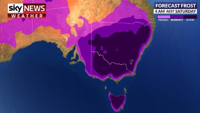 At its peak, the forecast for weekend frost is “severe” for most of NSW at 4am on Saturday.