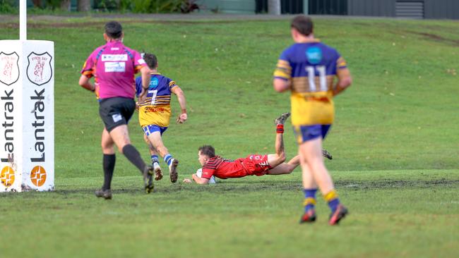 Jesse Beauchamp dives over for the first try of the match. Picture: DC Sports Photography