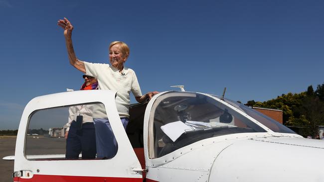 Dr Pat Rutherford embarks on a celebratory flight at Bankstown Airport to mark her 100th birthday. Picture: Angelo Velardo