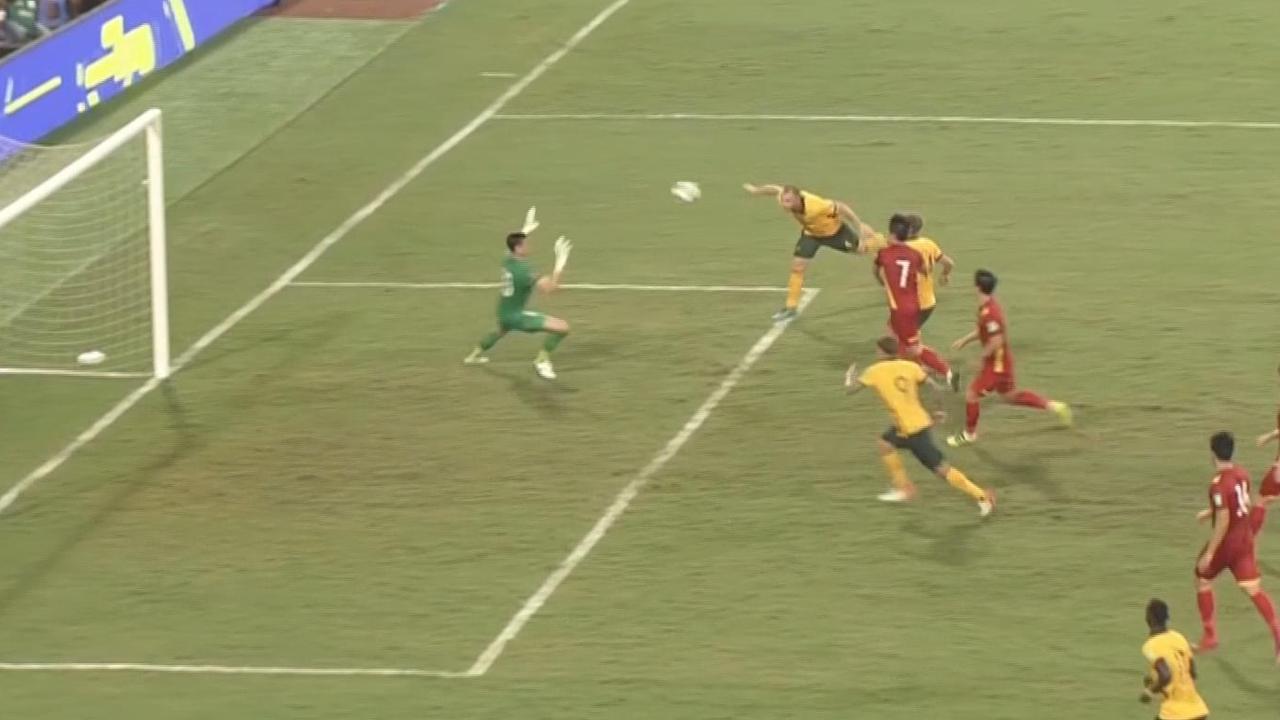 Rhyan Grant broke the deadlock for the Socceroos with a brilliant header.