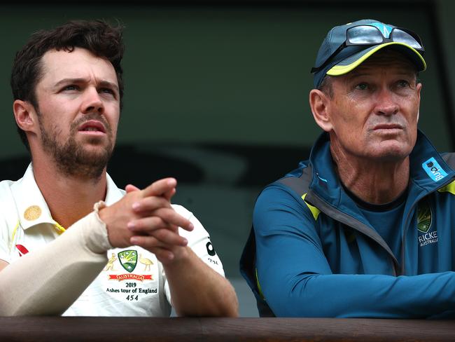 WORCESTER, ENGLAND - AUGUST 07: Travis Head of Australia looks on, with Graeme Hick, Australia's batting coach during the first day of the Tour Match between Worcester and Australia at Blackfinch New Road on August 07, 2019 in Worcester, England. (Photo by Matthew Lewis/Getty Images)