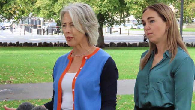 Greens leader Rosalie Woodruff and MP Tabatha Badger speak to the media on Parliament Lawns in Hobart on Thursday, March 6, 2025.