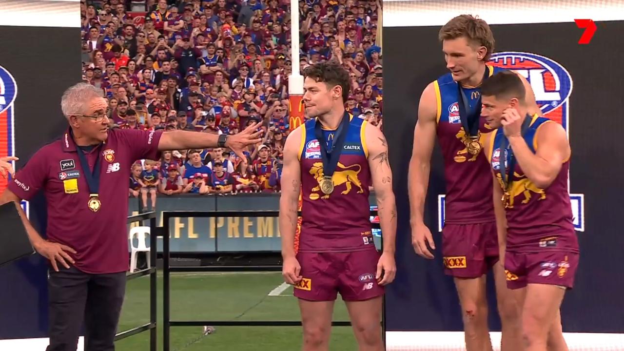 Chris Fagan called Dayne Zorko up on the stage. Photo: Channel 7.