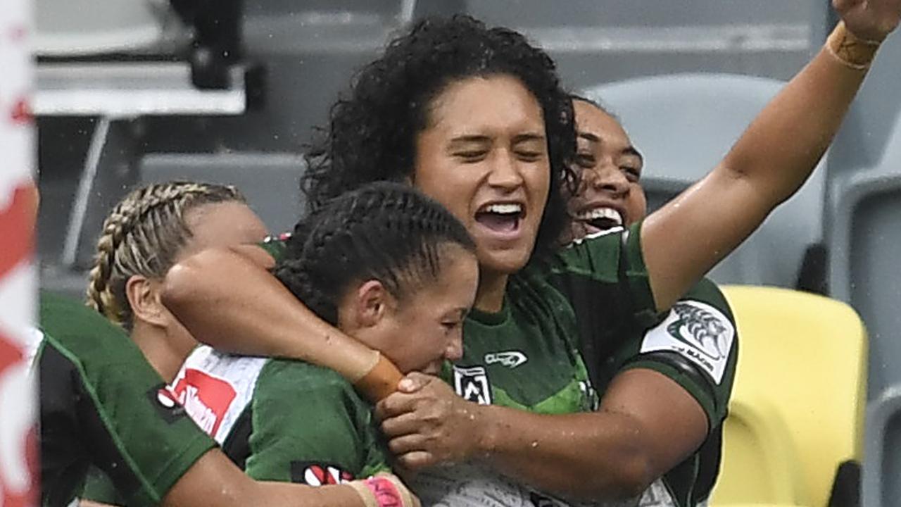 The Moari All Stars celebrate one of their five tries against the Indigenous All Stars. Picture: Getty Images