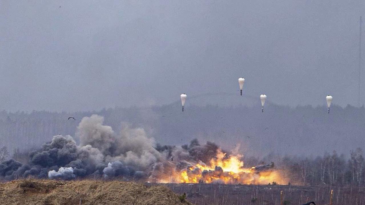 Bombing during joint exercises of the armed forces of Russia and Belarus as part of an inspection of the Union State’s Response Force, at a firing range near Brest. Picture: Russian Defence Ministry/AFP