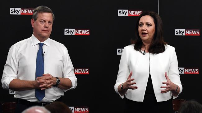 Queensland Premier Annastacia Palaszczuk (right) and Leader of the Opposition Tim Nicholls are seen during 'The People's Forum' leaders debate at the Broncos Leagues Club, Brisbane, Thursday, November 16, 2017. Queenslanders will go to the polls on November 25. (AAP Image/Dan Peled) NO ARCHIVING