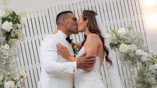 NRL star Joe Ofahengaue and former State of Origin player, 29, shares photos from fairytale wedding to long-term partner of 18 years Sofi Leota.