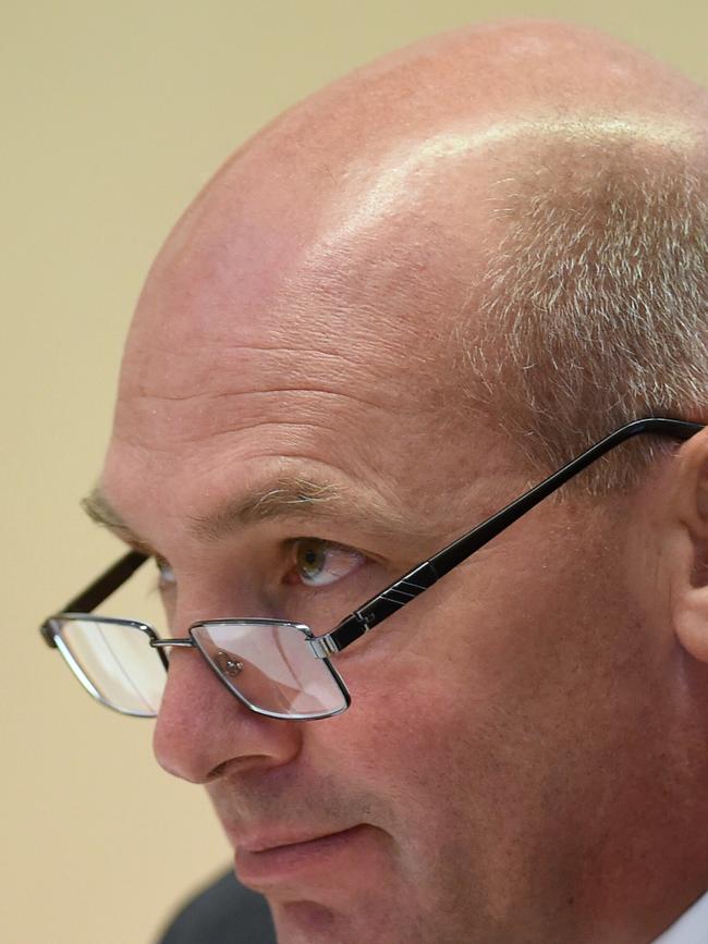 Former Senate president Stephen Parry speaks during a Senate Estimates Committee at Parliament House in Canberra. Picture: AAP Image/Lukas Coch