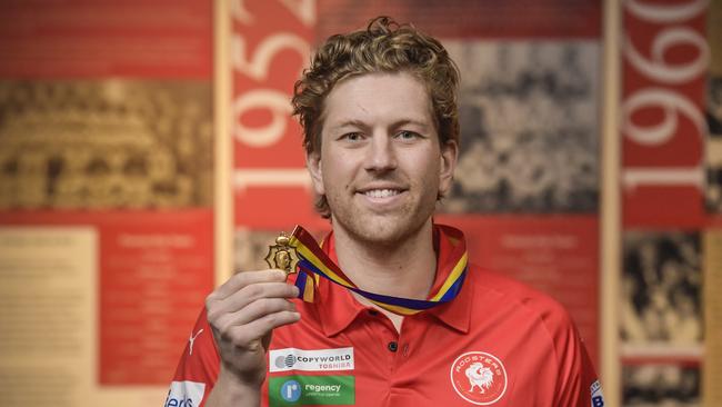 Young after winning the 2022 Magarey Medal. Picture: Roy VanDerVegt