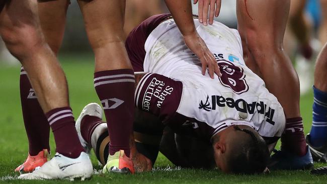 Addin Fonua-Blake of the Sea Eagles injures his knee during the round 18 NRL match between the Canterbury Bulldogs and the Manly Sea Eagles at ANZ Stadium.