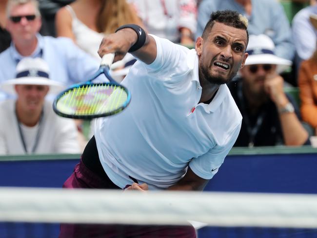 Kooyong classic. 16/01/2020.  Kooyong Classic .  Nick Kyrgios vs Grigor Dimitrov.   Nick Kyrgios serves at Kooyong today   . Pic: Michael Klein