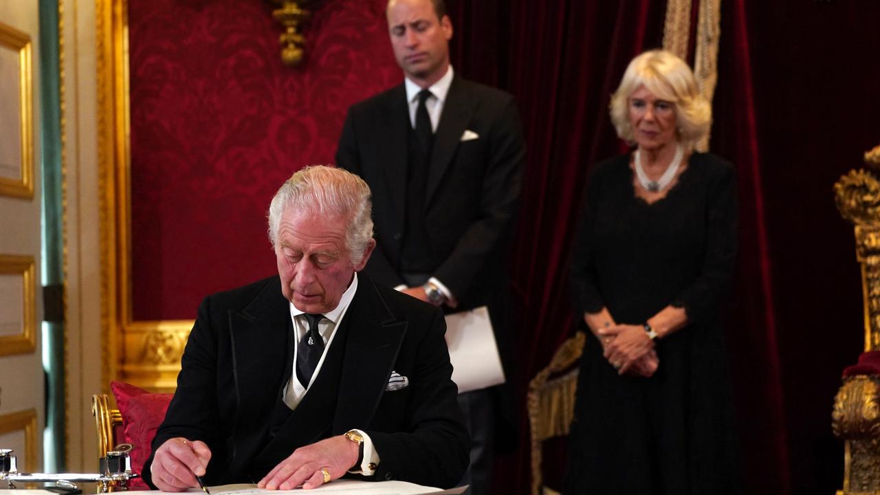 King Charles signs the oath (after his inkwell had been moved). Picture: WPA Pool/Getty