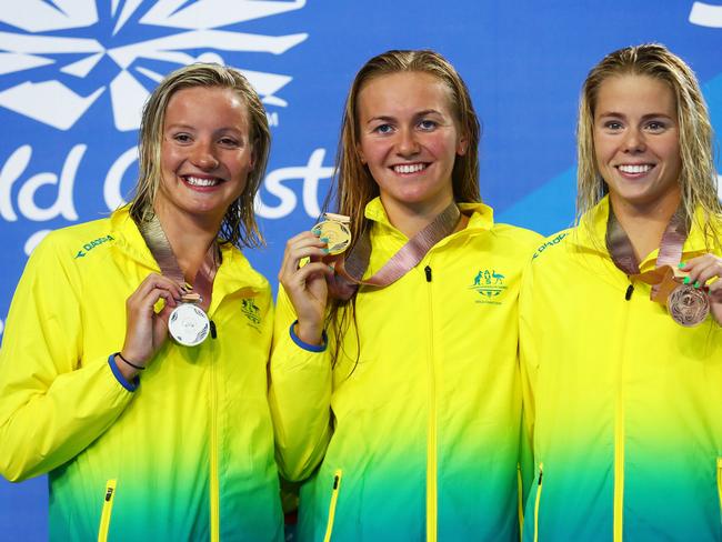 Silver medalist Jessica Ashwood of Australia, gold medalist Ariarne Titmus and bronze medalist Kiah Melverton