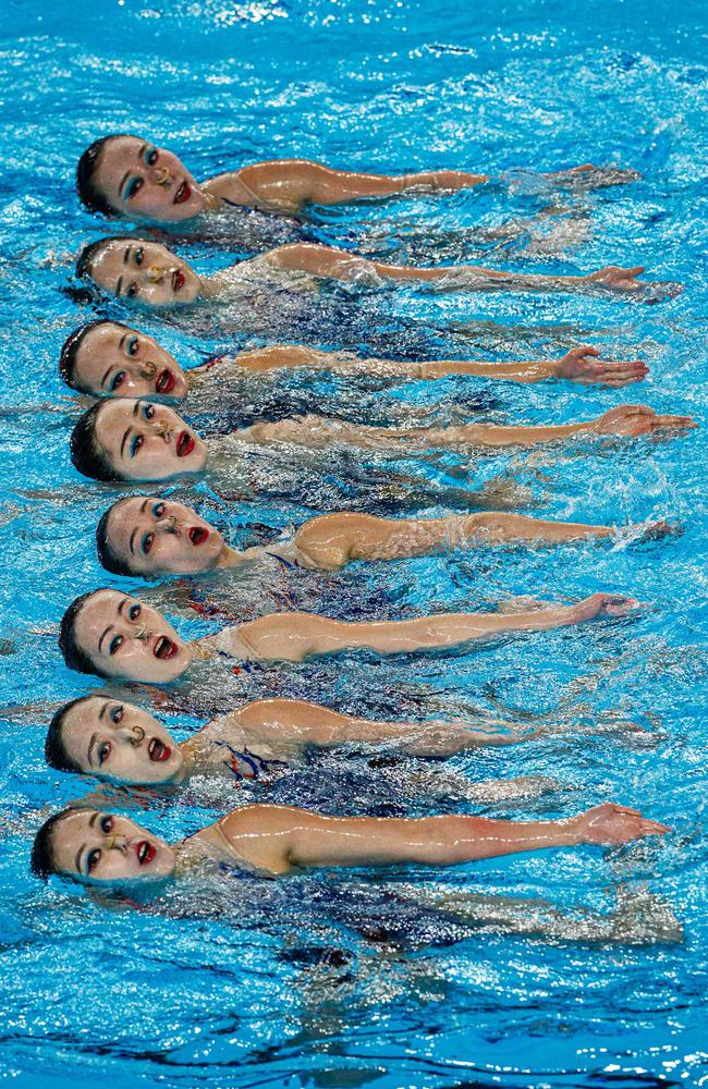 China's team compete in the final of the Mixed Team Technical swimming event during the World Aquatics Artistic Swimming World Cup in Paris. Picture: Dimitar Dilkoff/AFP