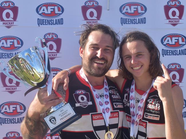 David Mcfaul (left) and Cam Wharton after the North Mackay Saints v Eastern Swans reserves AFL grand final at Magpies Sporting Club, Mackay, September 11, 2021. Picture: Matthew Forrest