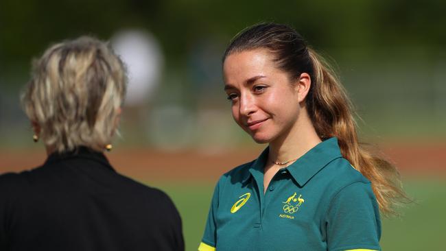 CAIRNS, AUSTRALIA - JULY 13: Jemima Montag speaks during an Athletics Australia training camp at Barlow Park on July 13, 2021 in Cairns, Australia. (Photo by Kelly Defina/Getty Images)