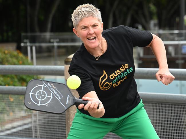 Olympic gold medallist Natalie Cook has some fun in Brisbane. Picture: John Gass