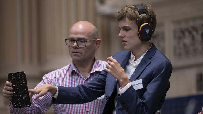 Teen Parliament participant Patrick Saunders with Dad Travis Saunders at Parliament House. 14th February 2025 Picture: Brett Hartwig