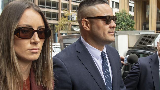 Jarryd Hayne arrives at the Supreme Court, Sydney with his wife Amellia Bonnici. Picture: NCA NewsWire/Simon Bullard