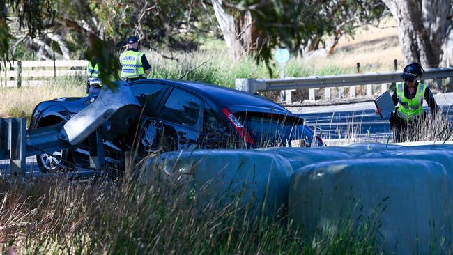 A truck and three vehicles collided on Main South Rd at Wattle Flat, about 68km south of Adelaide, at about 12.15pm on Monday. Picture: Naomi Jellicoe