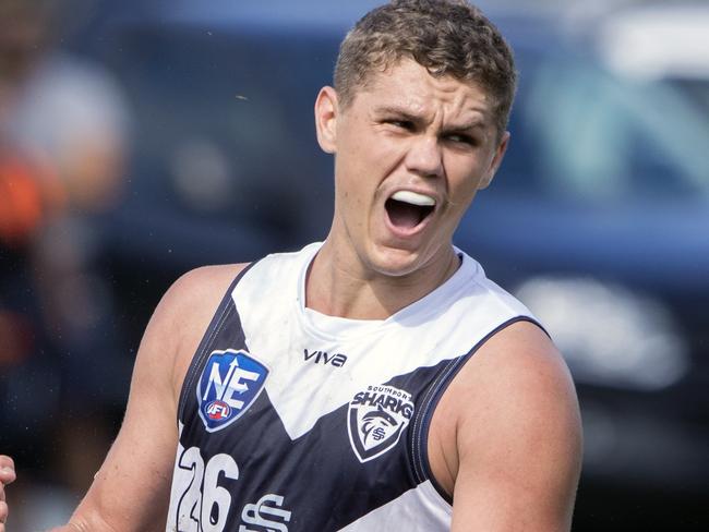 Cody Filewood celebrates after kicking a goal against Aspley in the NEAFL semi-final at Fankhauser Reserve on Saturday, September 8, 2018. Picture credit: TJ Yelds.