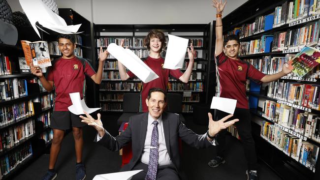 Principal Dr Tony Mordini with year 9 students Kevish, Tobias and Krish at Melbourne High, which is the best government school in Stonnington. Picture: Alex Coppel