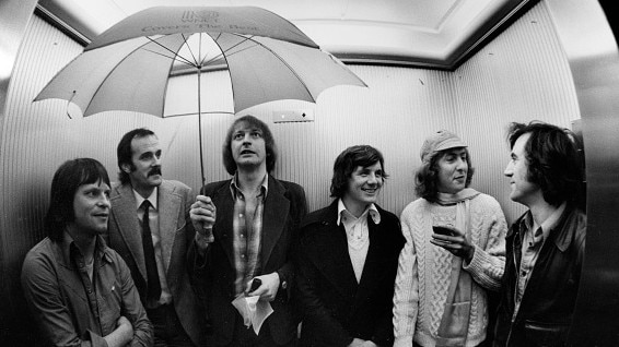 Monty Python gang Terry Jones, John Cleese, Michael Palin, Eric Idle, Graham Chapman, Terry Gilliam in Los Angeles, 1975. Picture: Ben Martin/Getty Images