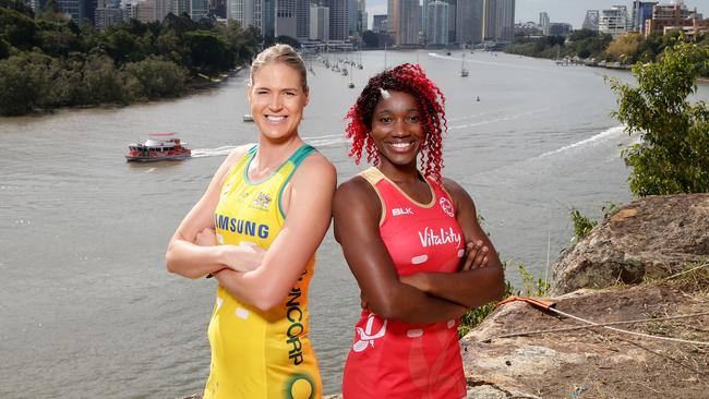 BRISBANE, AUSTRALIA — AUGUST 25: Caitlin Bassett of Australia and Ama Agbeze of England pose during the Netball Quad Series Captain's Call at Kangaroo Cliffs Point Lookout on August 25, 2017 in Brisbane, Australia. (Photo by Mark Calleja/Getty Images)