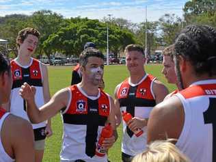 PEP TALK: Keith Bilston pre-game ahead of his 349th game last weekend. Picture: Nick Kossatch GLA040819BITSBROS