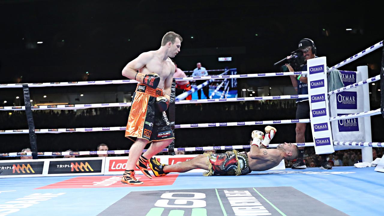 Gone in 96 seconds: Jeff Horn KOs Anthony Mundine in first round at Suncorp Stadium