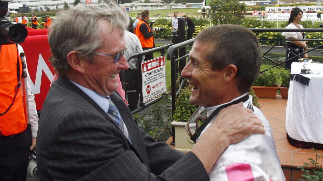 Golden Slipper Day at Rosehill Races. Race 5 the BMW, winner Fiumicino ridden by Darren Beadman. Beadman congratulated by trainer John Hawkes.