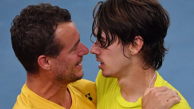 Lleyton Hewitt with Alex de Minaur, Nick Kyrgios’ replacement in the United Cup. Picture: Muhammad FAROOQ / AFP