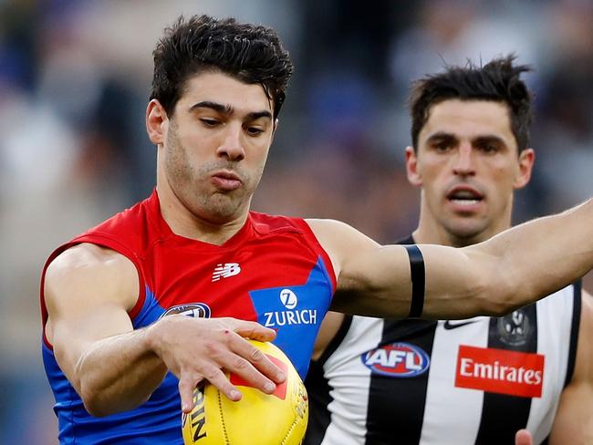 MELBOURNE, AUSTRALIA - JUNE 13: Christian Petracca of the Demons in action during the 2022 AFL Round 13 match between the Collingwood Magpies and the Melbourne Demons at the Melbourne Cricket Ground on June 13, 2022 in Melbourne, Australia. (Photo by Dylan Burns/AFL Photos via Getty Images)