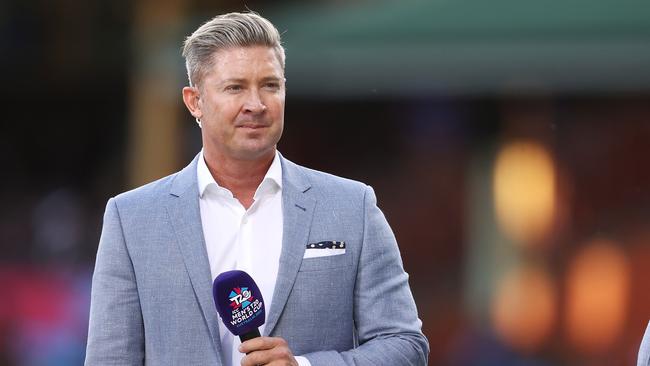 SYDNEY, AUSTRALIA - OCTOBER 29: Former Australian cricketer Michael Clarke watches on as he waits to speak on camera before the ICC Men's T20 World Cup match between New Zealand and Sri Lanka at Sydney Cricket Ground on October 29, 2022 in Sydney, Australia. (Photo by Mark Kolbe/Getty Images)