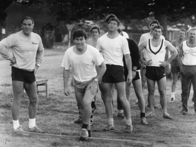 Fitness director Neil Kerley putting the crew through its paces in 1985.