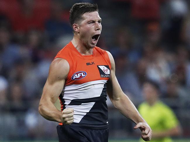 Giants Toby Greene celebrates a goal during AFL match GWS Giants v Western Bulldogs at Spotless Stadium. Picture. Phil Hillyard